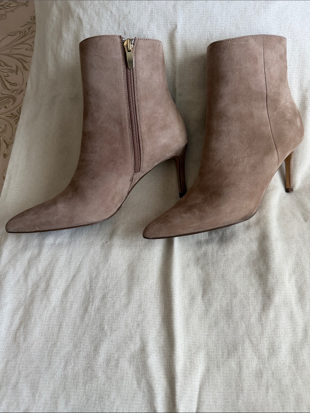 Ann Taylor Taupe Suede Pointed Toe Ankle Booties